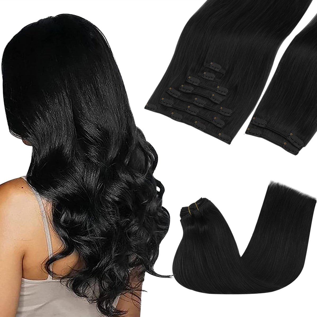 GOO GOO Clip in Hair Extensions 16inch jet black front view