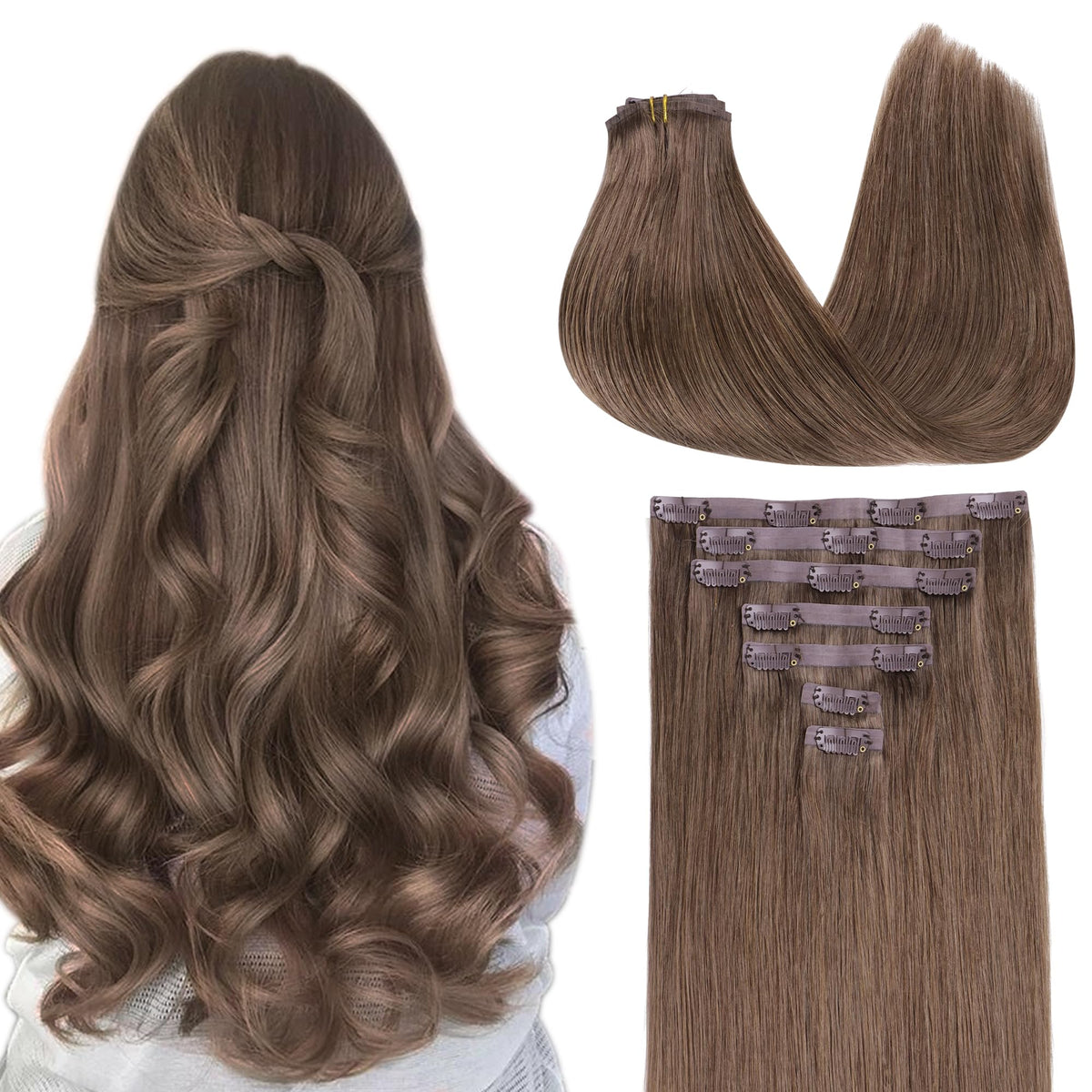 GOO GOO Clip in Hair Extensions 16inch Light Ash Brown front view