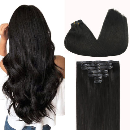 GOO GOO Clip in Hair Extensions 16inch Natural Black front view