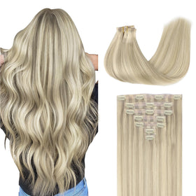 GOO GOO Clip in Hair Extensions 18inch 110g Ash Blonde Highlights front view