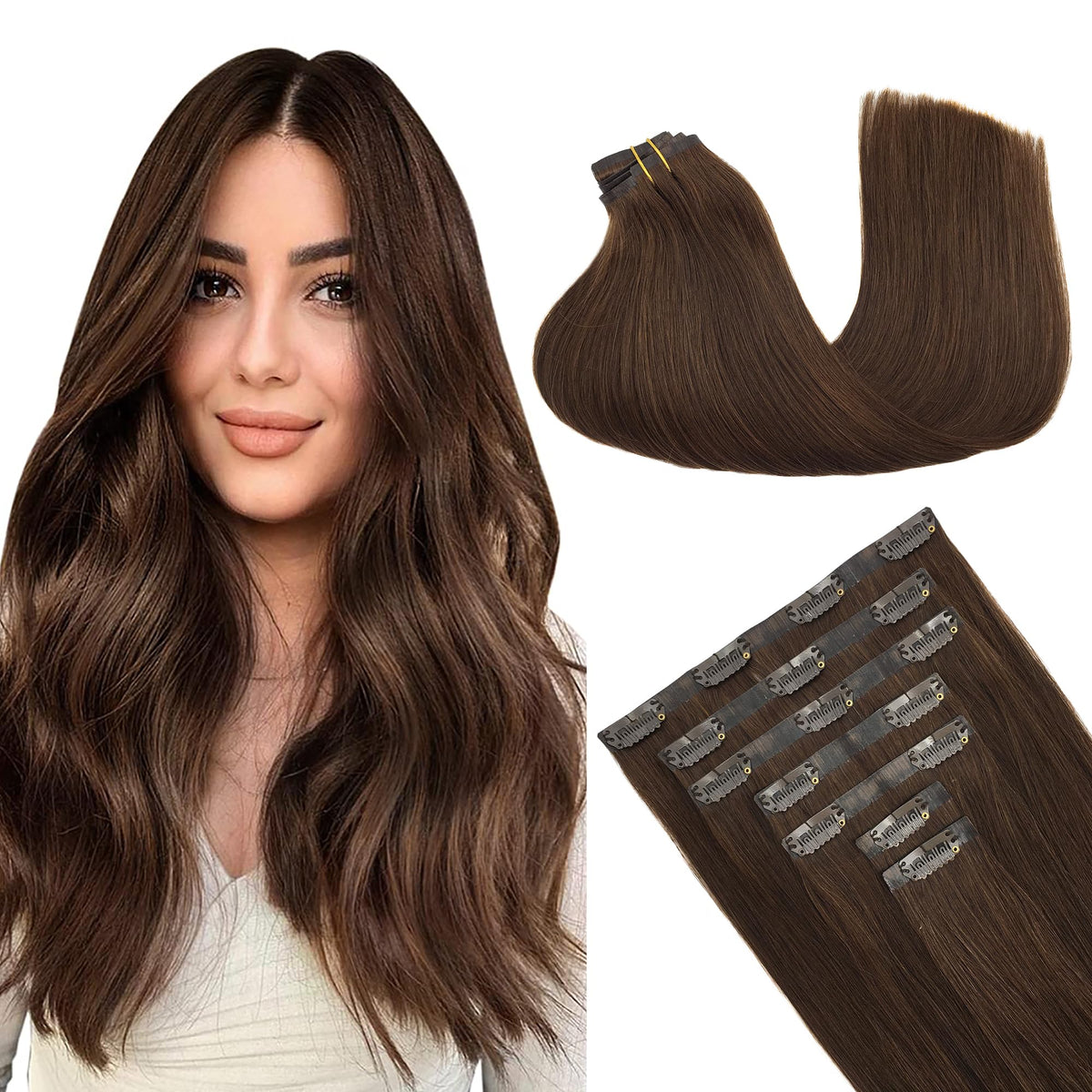 GOO GOO Clip in Hair Extensions 18inch Chocolate Brown front view