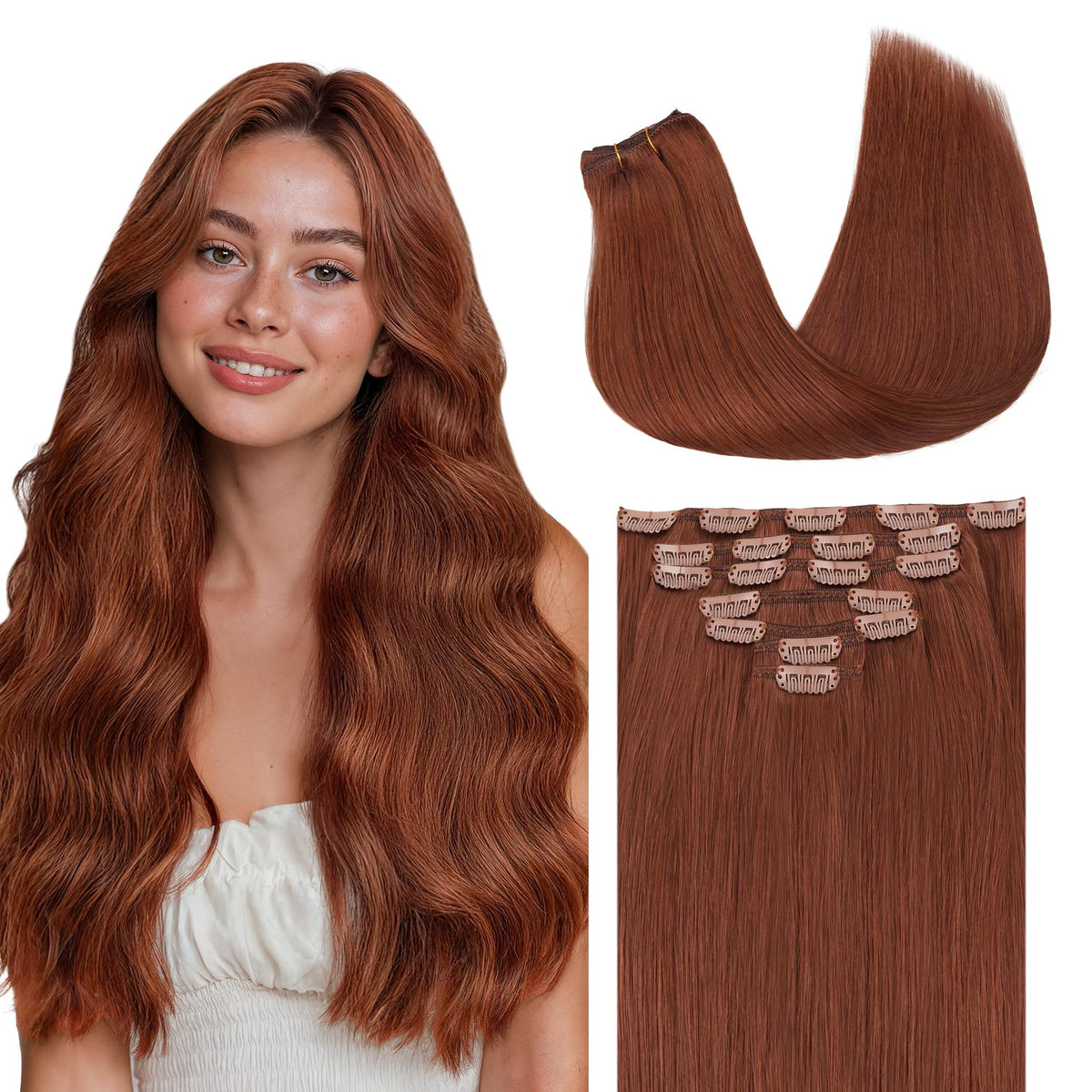 GOO GOO Clip in Hair Extensions 18inch Dark Auburn Copper front view