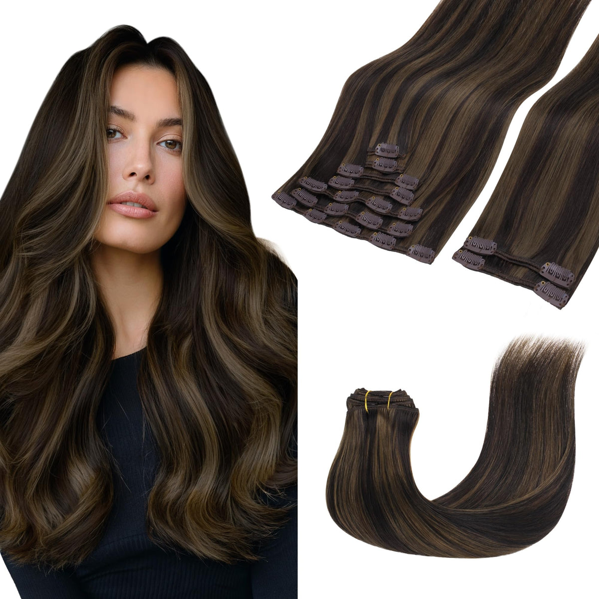 GOO GOO Clip in Hair Extensions 18inch dark brown highlighted