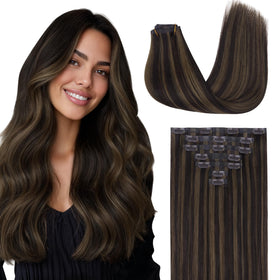 GOO GOO Clip in Hair Extensions 18inch dark brown highlighted chestnut brown front view