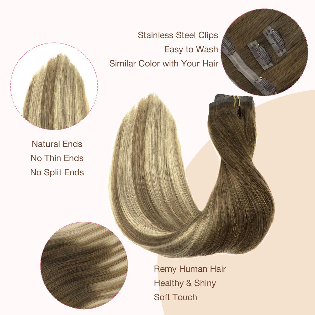 GOO GOO Clip in Hair Extensions 18inch displayed with styling tools