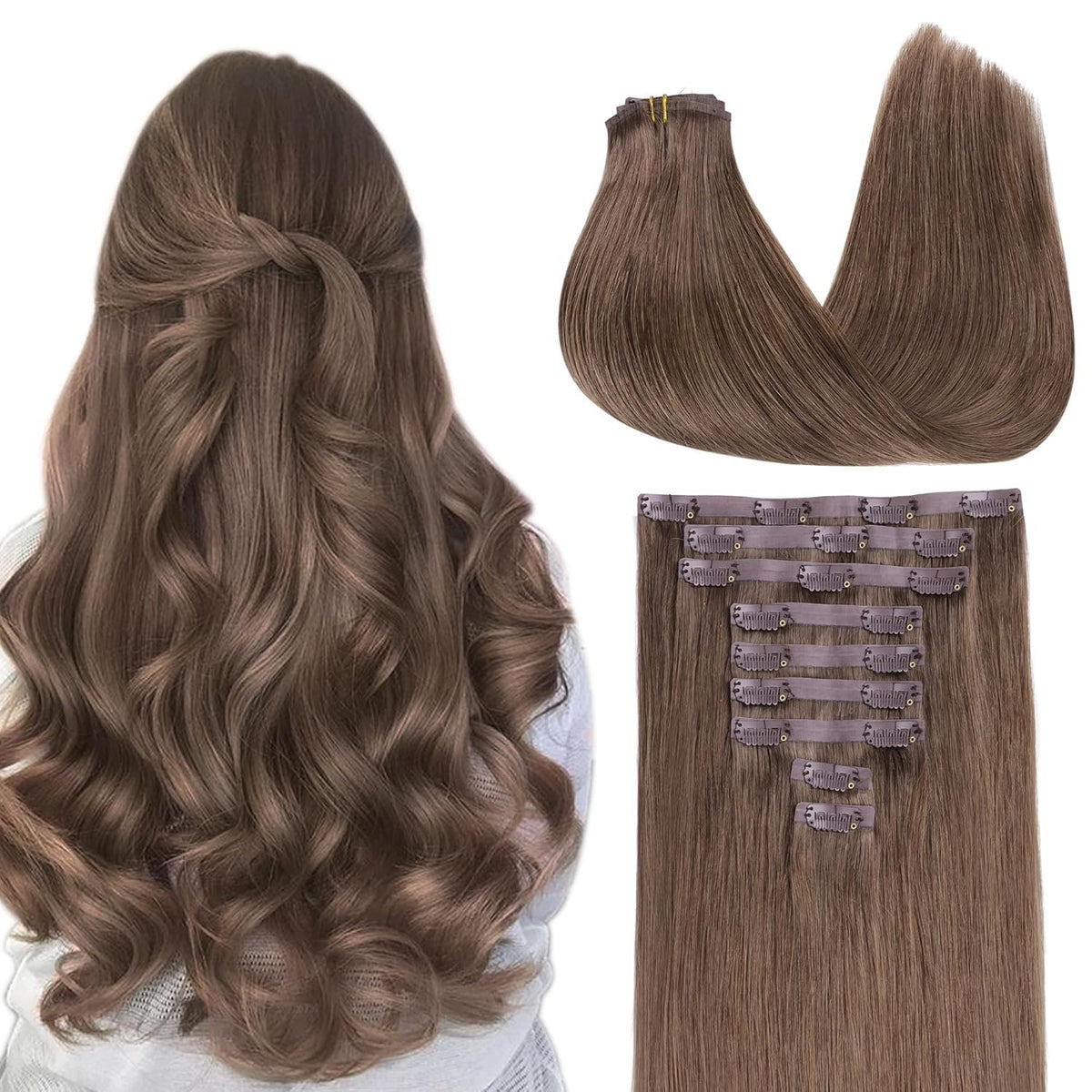 GOO GOO Clip in Hair Extensions 18inch Light Ash Brown front view