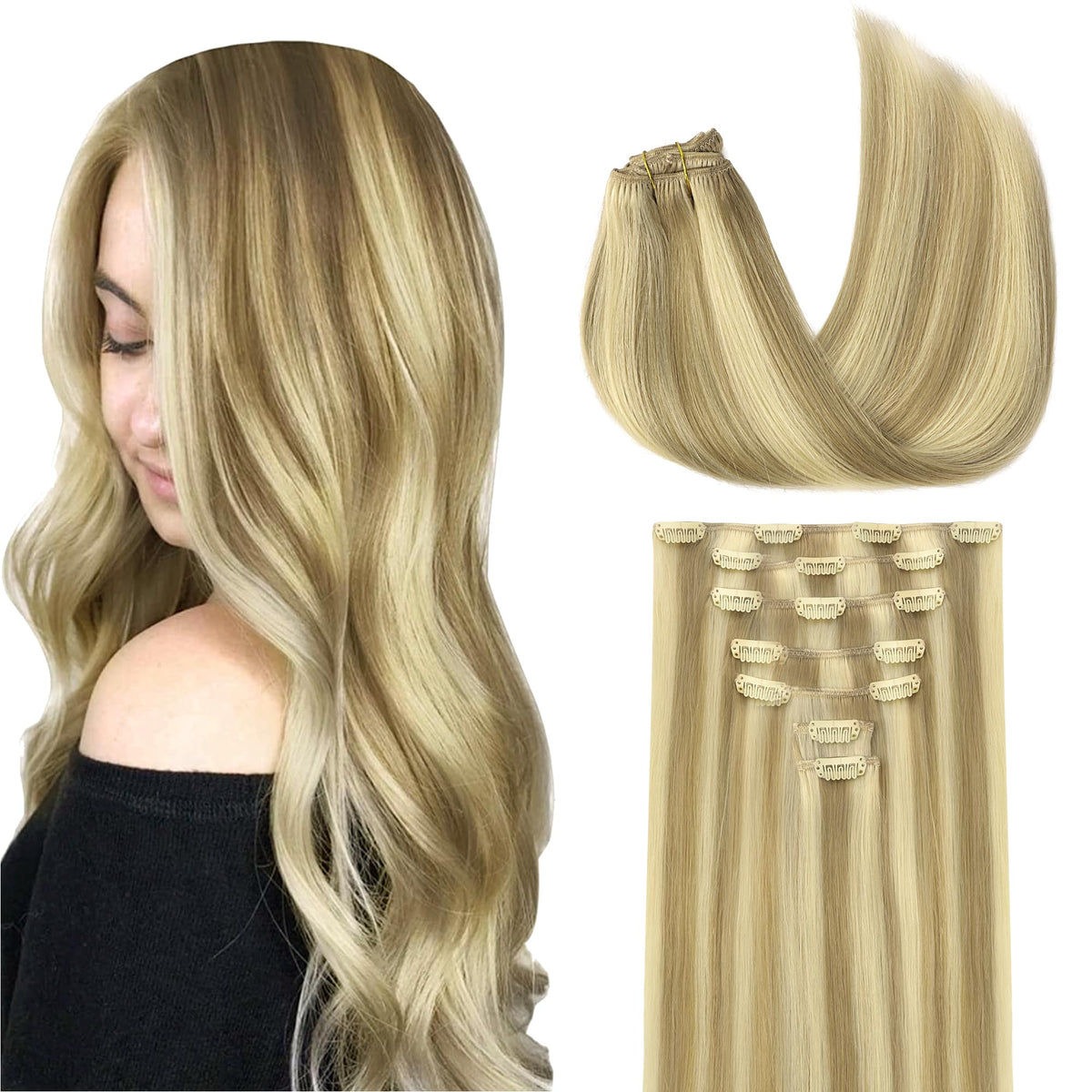 GOO GOO Clip in Hair Extensions 18inch Light Blonde Highlights front view