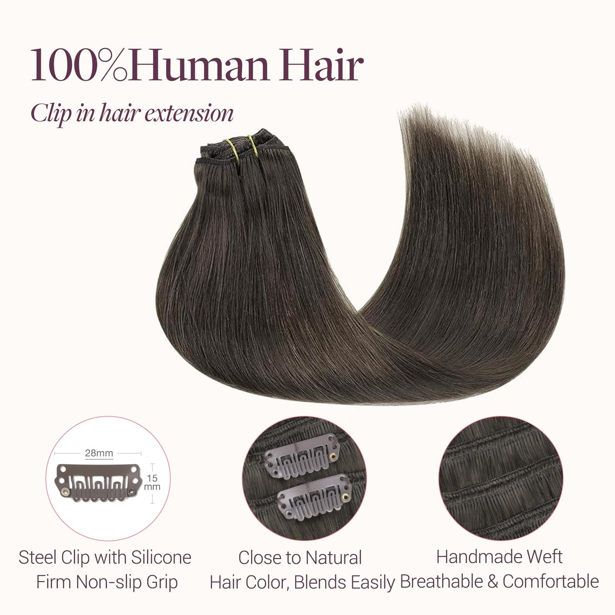 GOO GOO Clip in Hair Extensions 18inch Mocha Brown close-up of clips