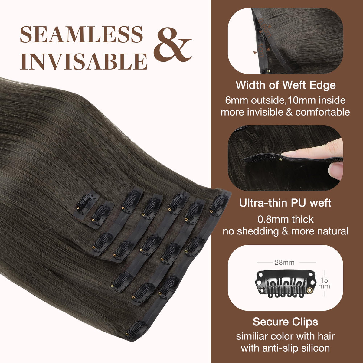GOO GOO Clip in Hair Extensions 18inch Mocha Brown styled on model