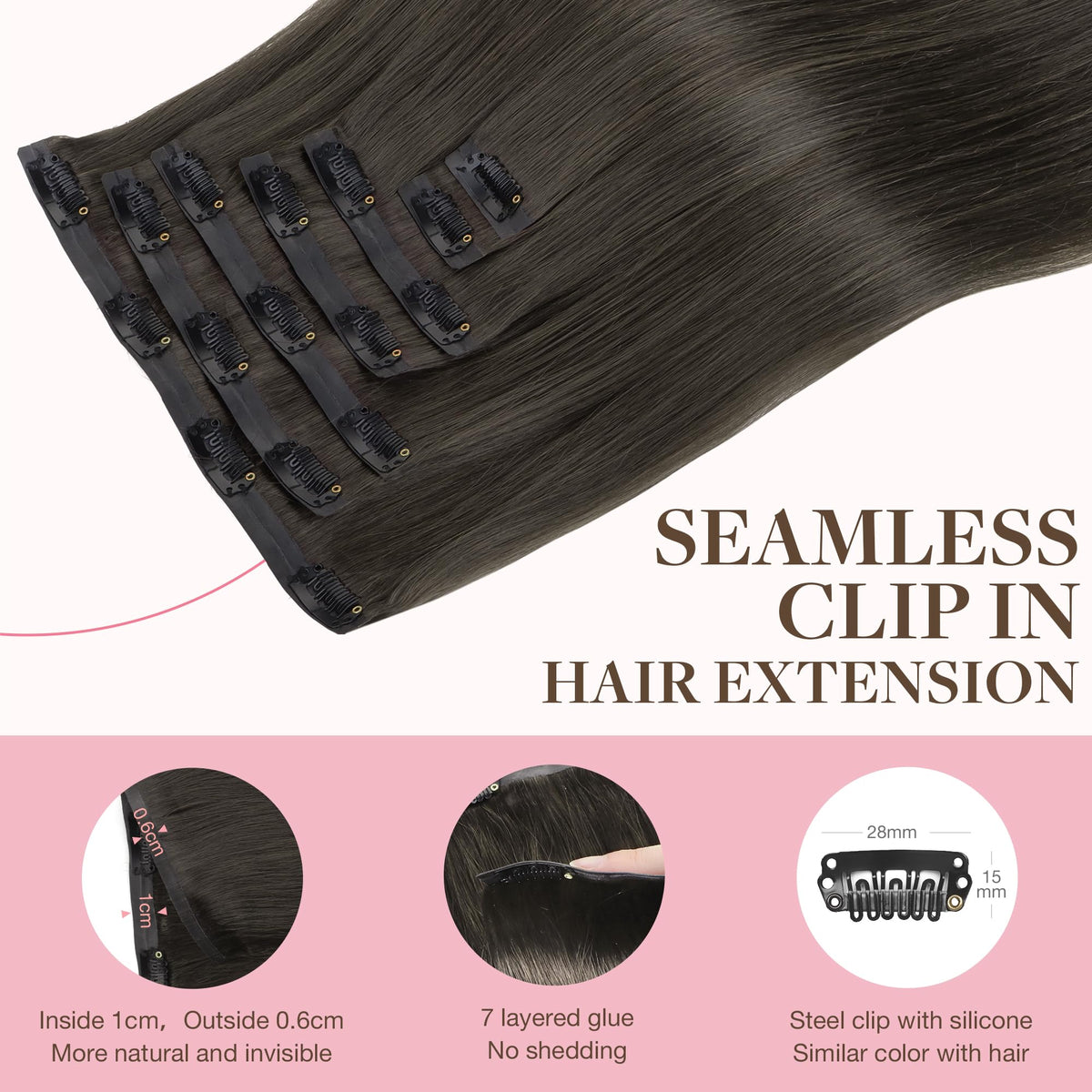 GOO GOO Clip in Hair Extensions 18inch Mocha Brown with styling tools