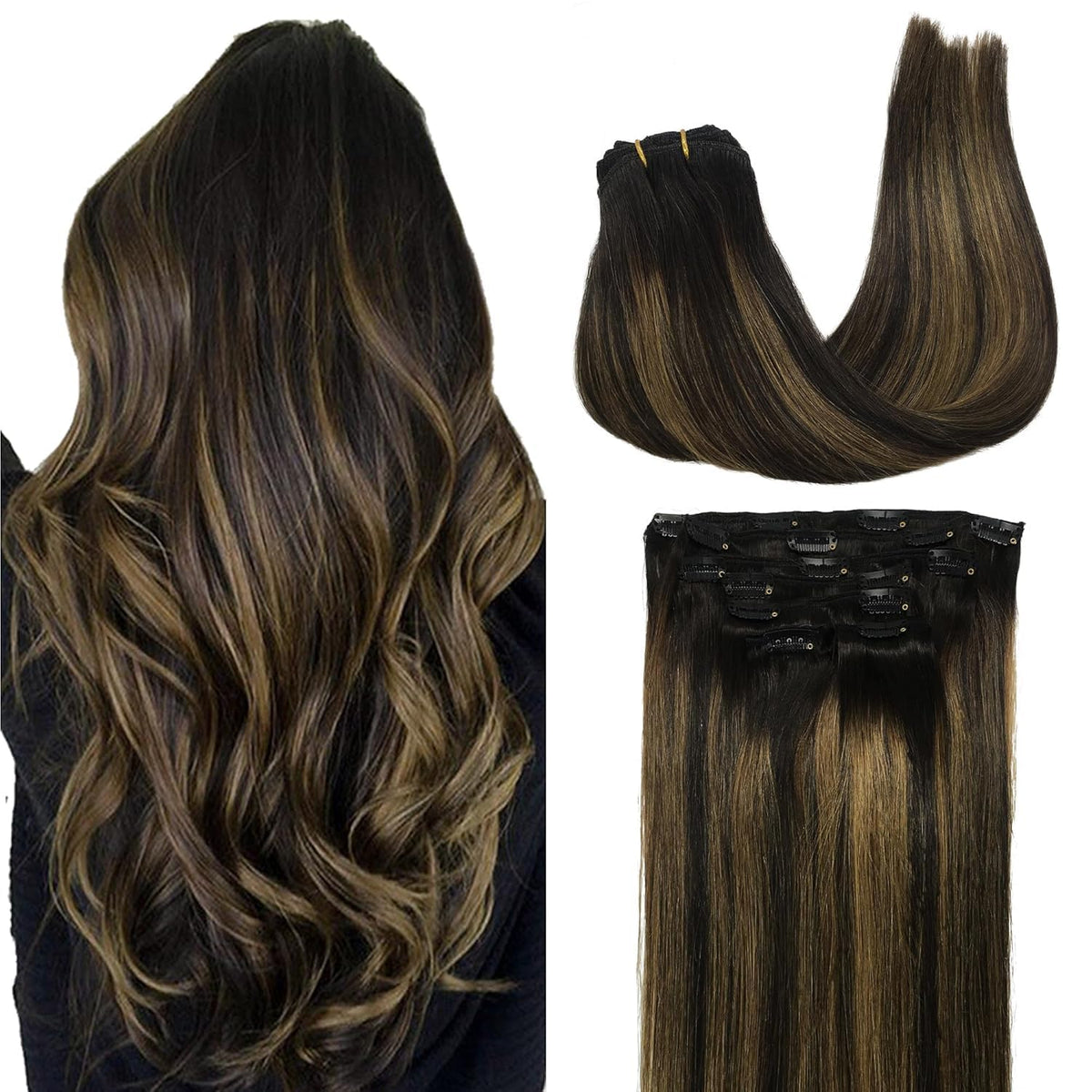 GOO GOO Clip in Hair Extensions 18inch natural black to chestnut brown