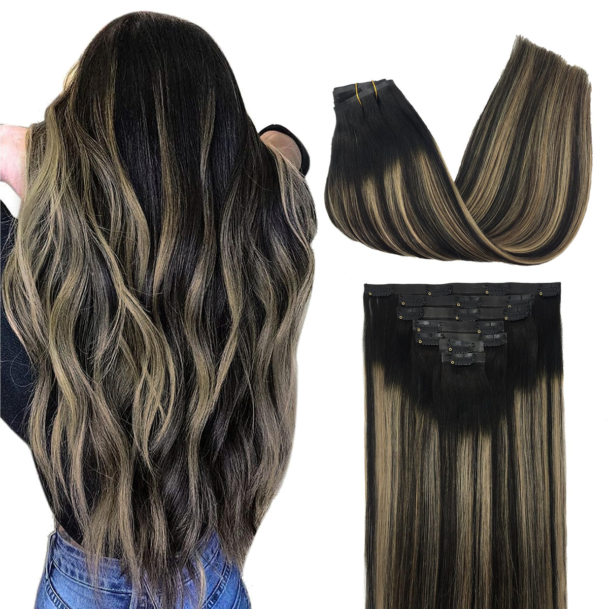 GOO GOO Clip in Hair Extensions 18inch natural black to light blonde