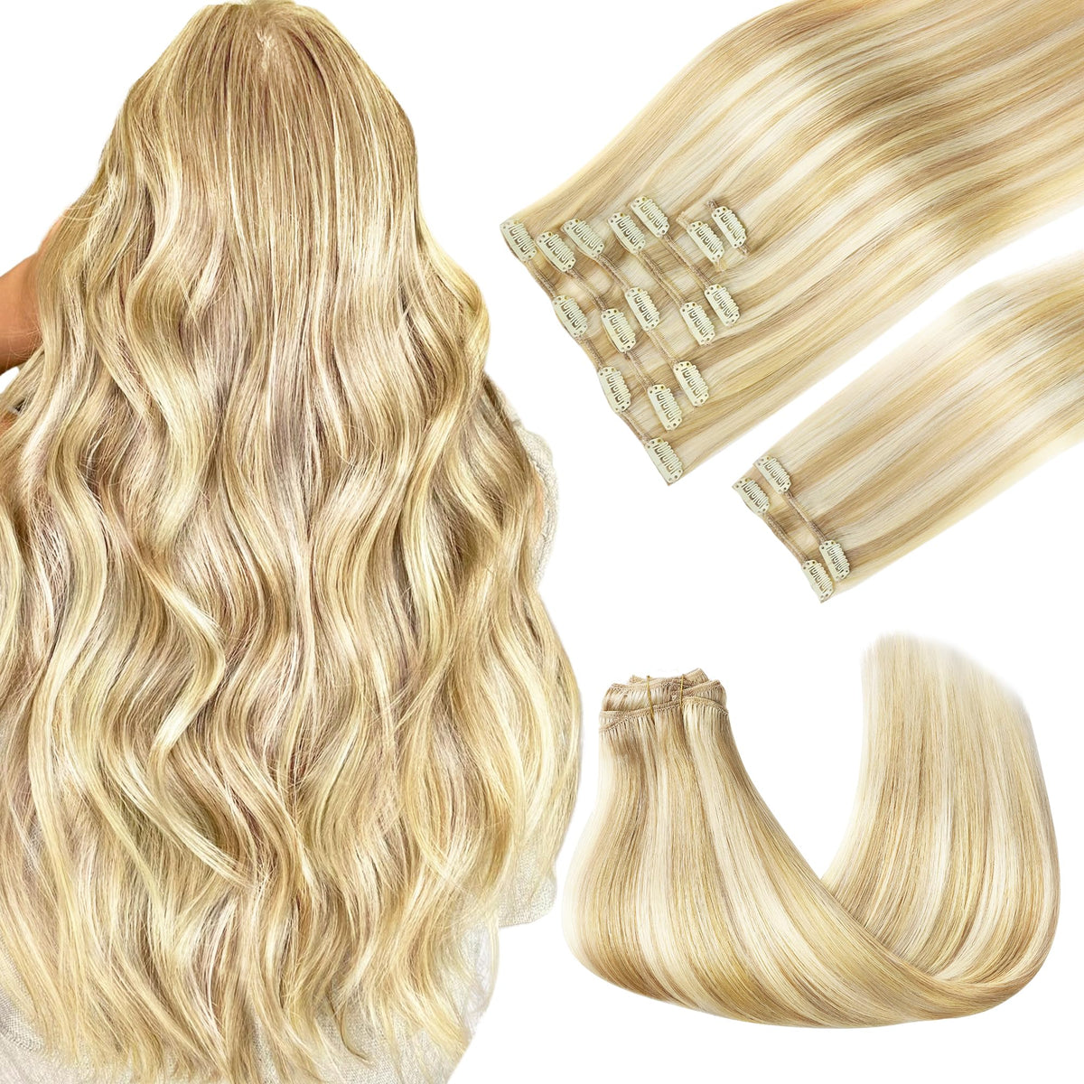 GOO GOO Clip in Hair Extensions 18inch with Dirty Blonde Highlights front view