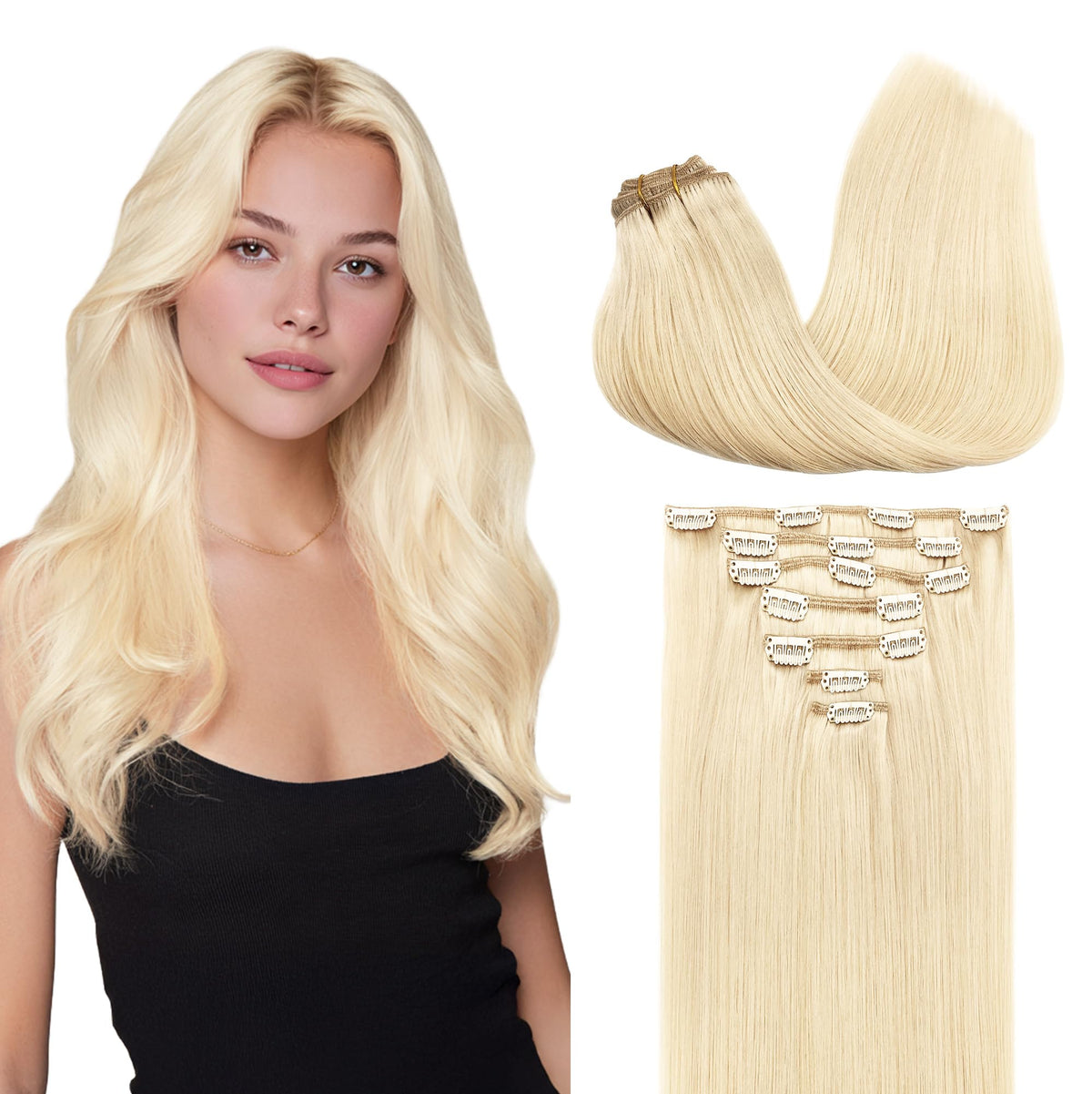 GOO GOO Clip in Hair Extensions 20inch 613R Bleach Blonde front view