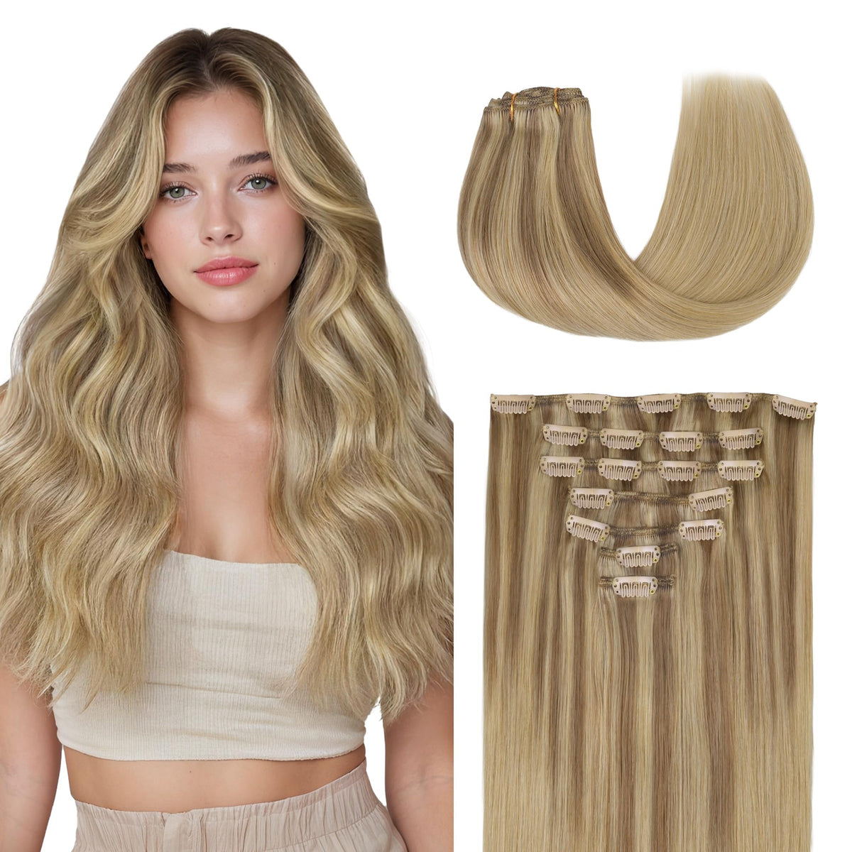 GOO GOO Clip in Hair Extensions 20inch Ash Beige Blend front view