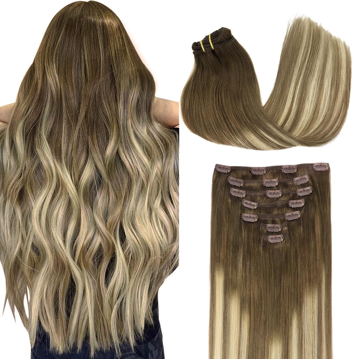 GOO GOO Clip in Hair Extensions 20inch Balayage Walnut Brown to Ash Brown