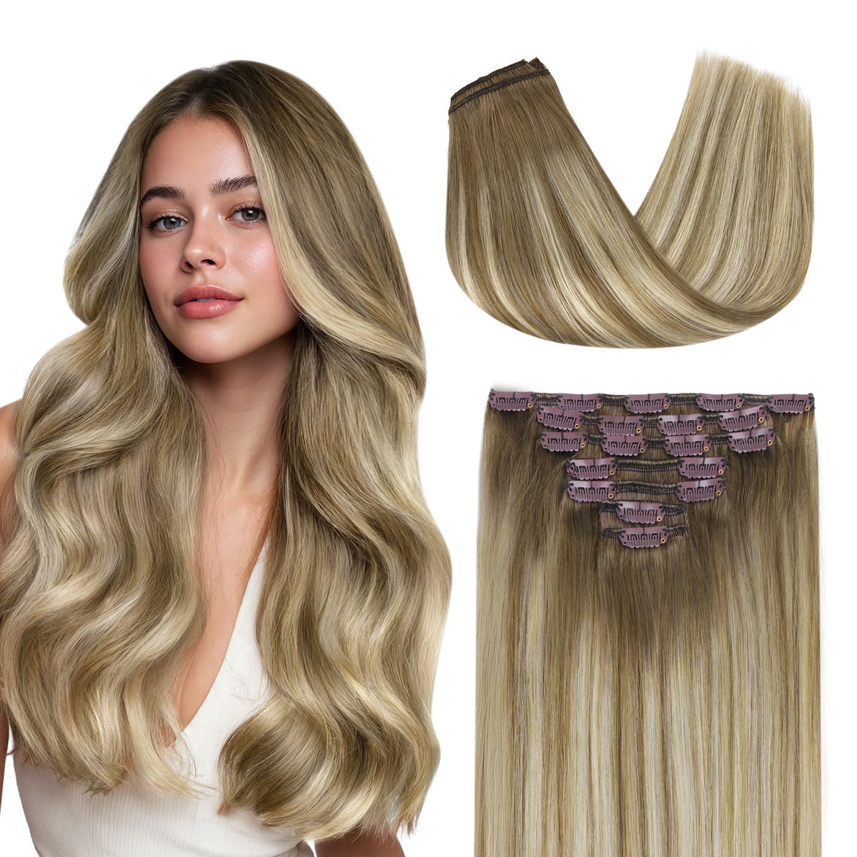 GOO GOO Clip in Hair Extensions 20inch Caramel Latte Mocha front view