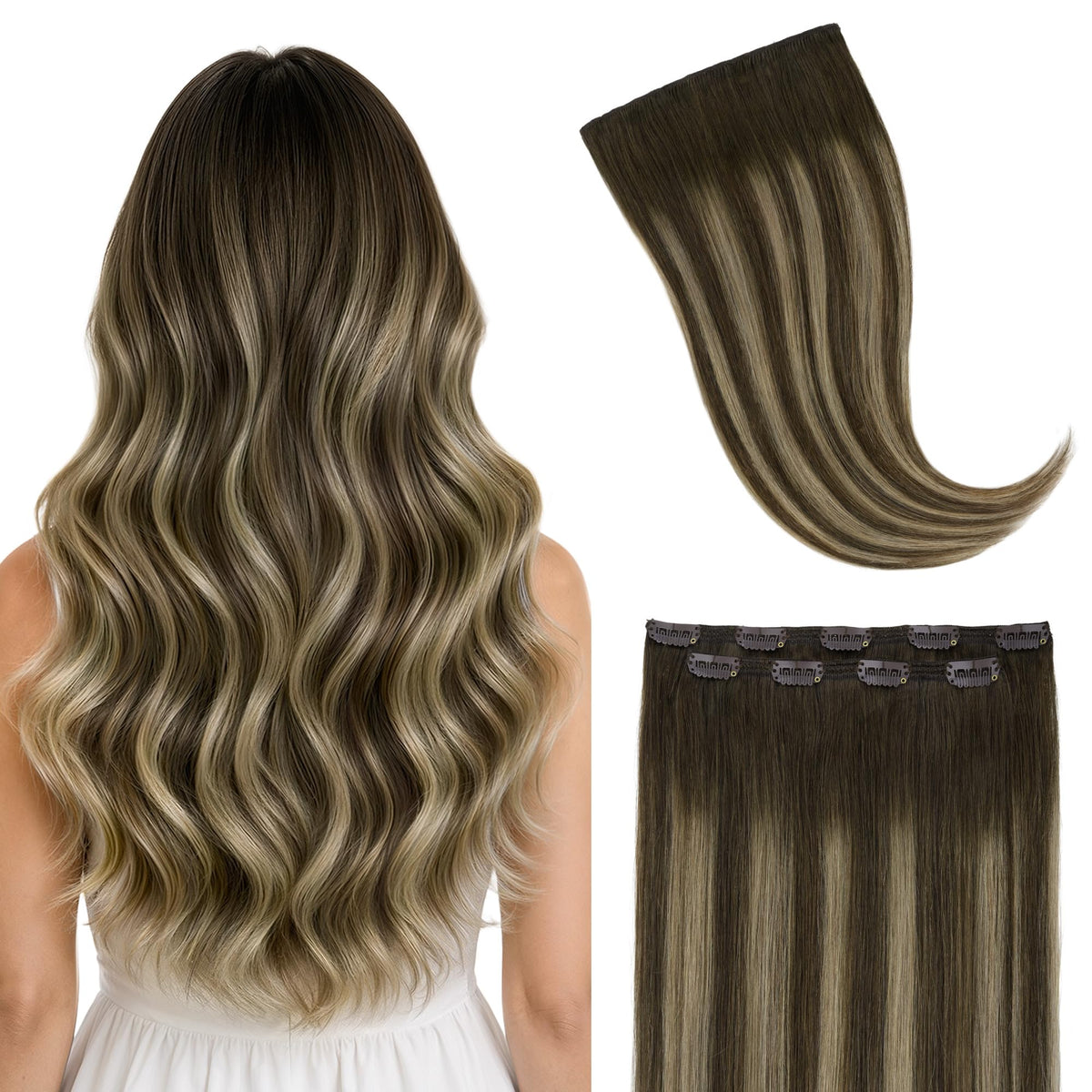 GOO GOO Clip in Hair Extensions 20inch front view with balayage colour