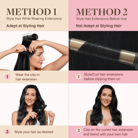 GOO GOO Clip in Hair Extensions 20inch Jet Black in different lighting