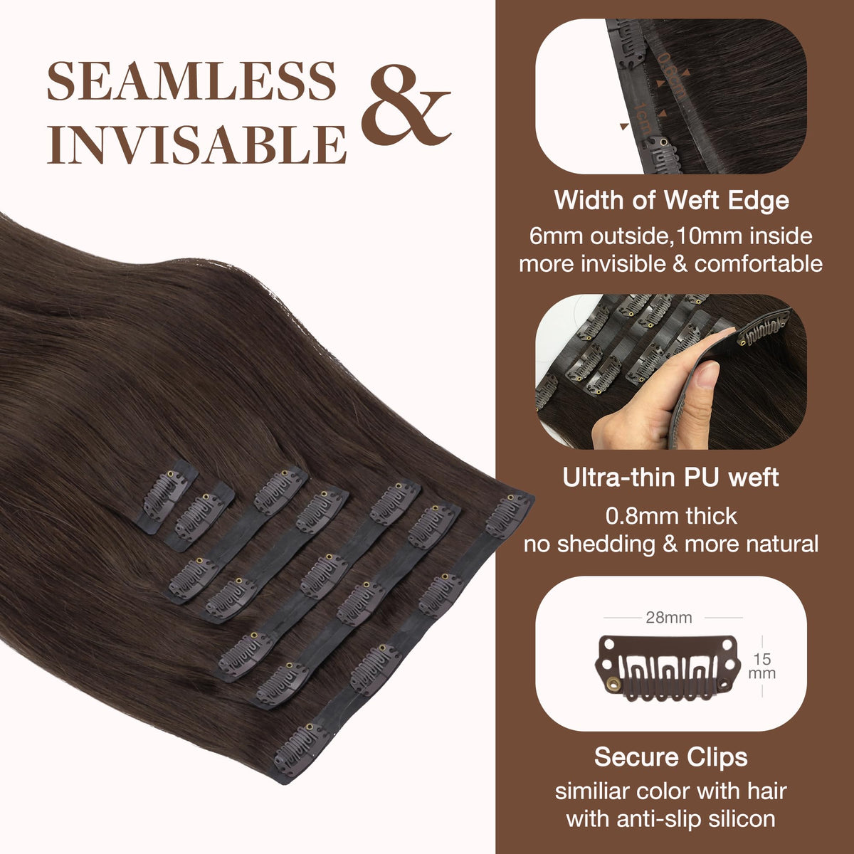 GOO GOO Clip in Hair Extensions 20inch Light Brown close-up of clips