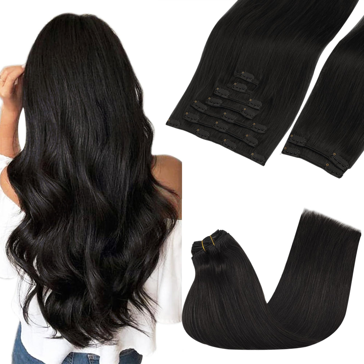 GOO GOO Clip in Hair Extensions 20inch natural black front view