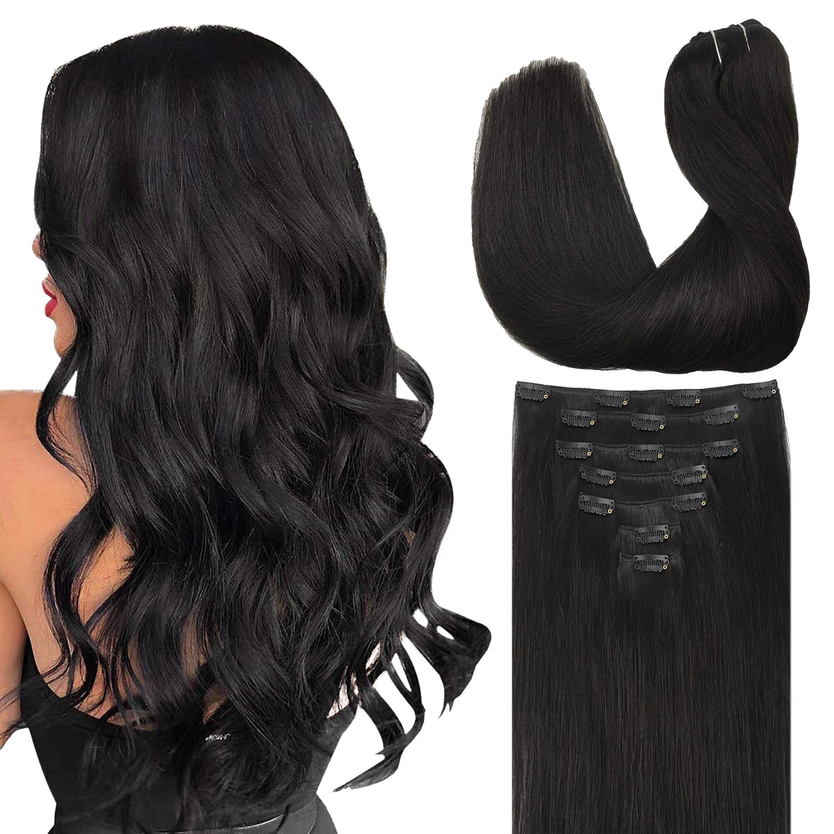 GOO GOO Clip in Hair Extensions 20inch Natural Black front view