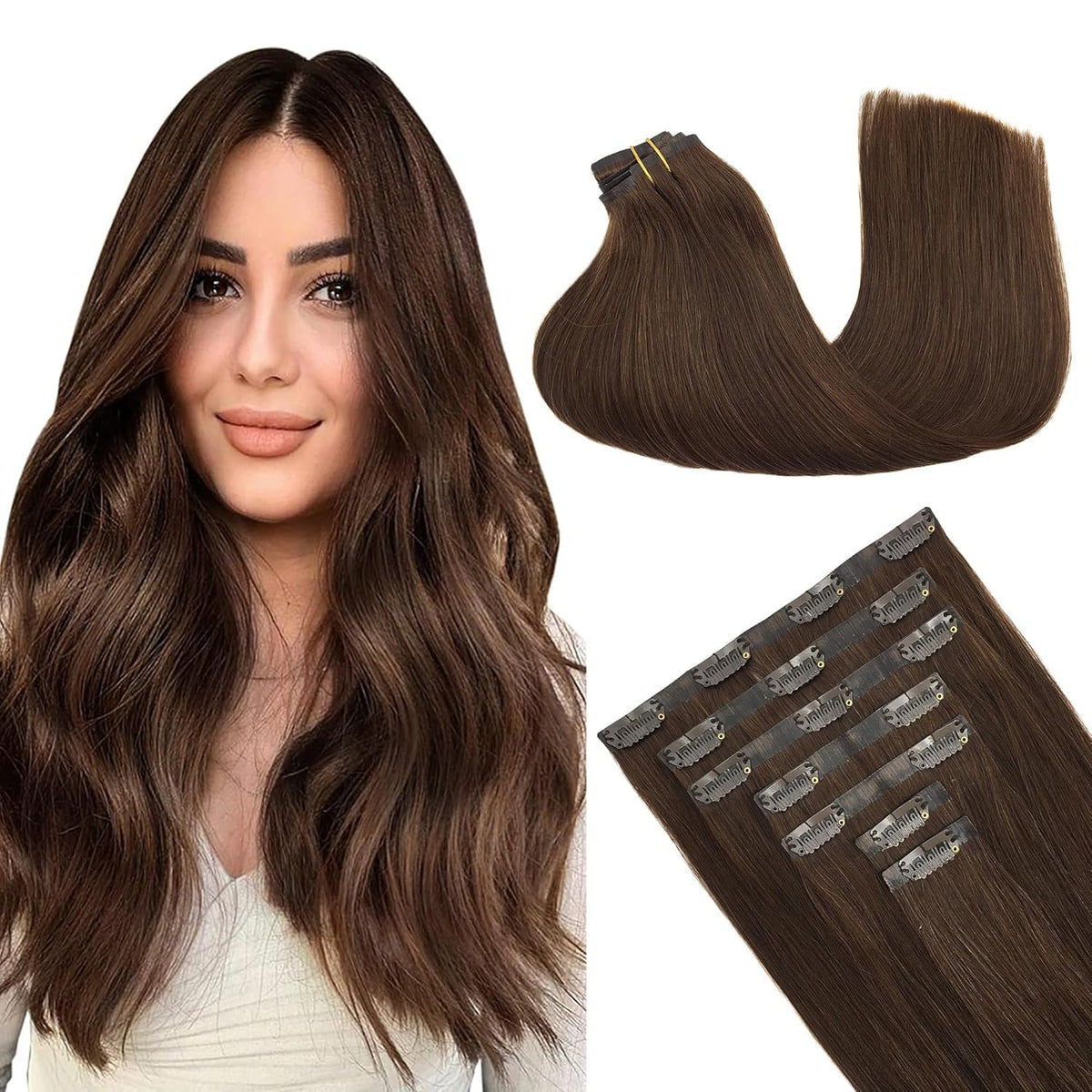 GOO GOO Clip in Hair Extensions 22 Inch Chocolate Brown front view