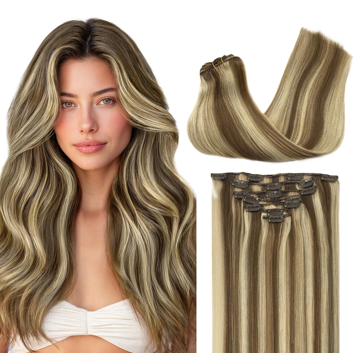 GOO GOO Clip in Hair Extensions 22 Inch Medium Brown Highlighted Golden Blonde front view