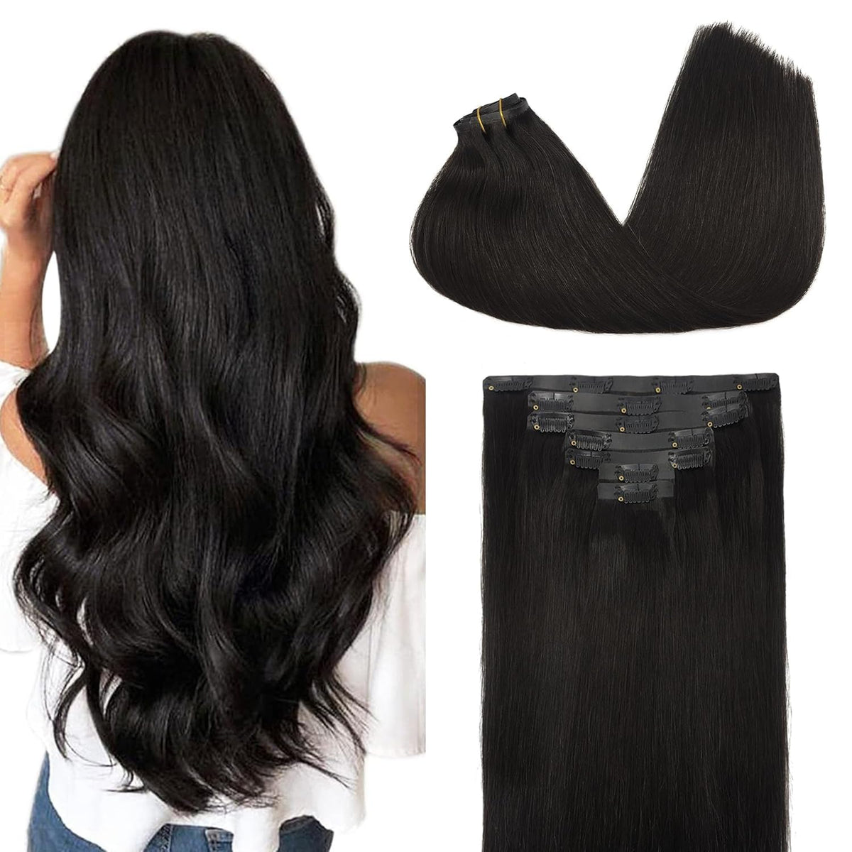 GOO GOO Clip in Hair Extensions 22 Inch Natural Black front view