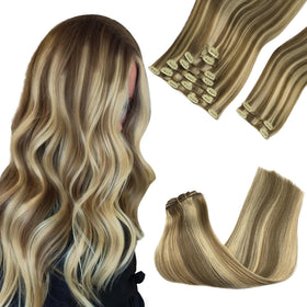 GOO GOO Clip in Hair Extensions 22inch 150g in Medium Brown Highlighted Golden Blonde front view