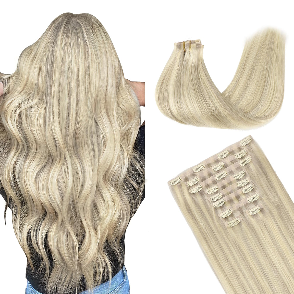 GOO GOO Clip in Hair Extensions 22inch Ash Blonde Highlights front view