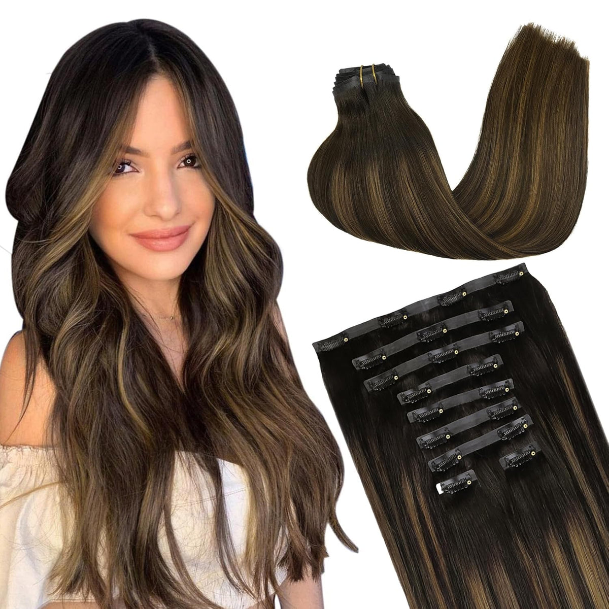 GOO GOO Clip in Hair Extensions 22inch balayage dark brown to chestnut brown