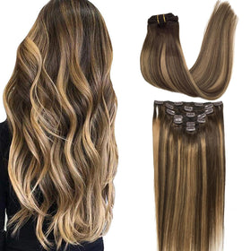 GOO GOO Clip in Hair Extensions 22inch chocolate brown to caramel blonde front view