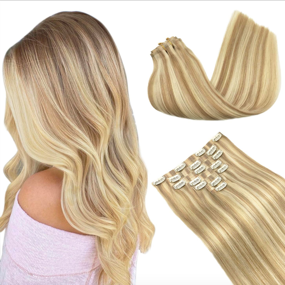 GOO GOO Clip in Hair Extensions 22inch Dark Blonde Highlighted