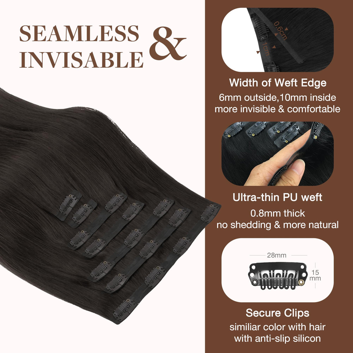 GOO GOO Clip in Hair Extensions 22inch Dark Brown on model