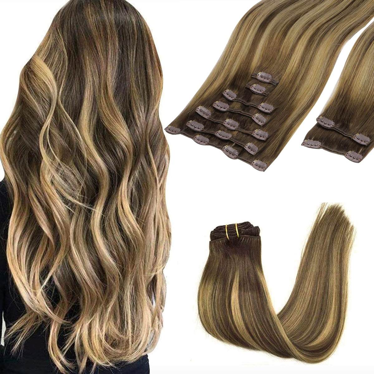 GOO GOO Clip in Hair Extensions 22inch front view in balayage colour