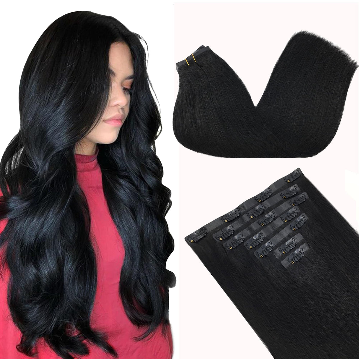 GOO GOO Clip in Hair Extensions 22inch jet black front view