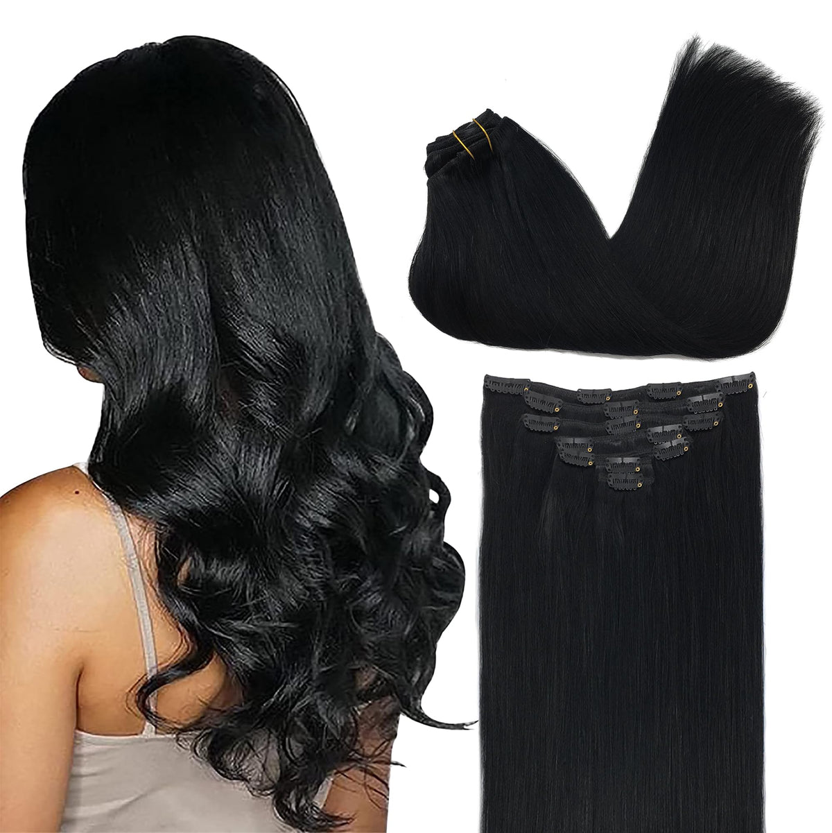GOO GOO Clip in Hair Extensions 22inch Jet Black front view