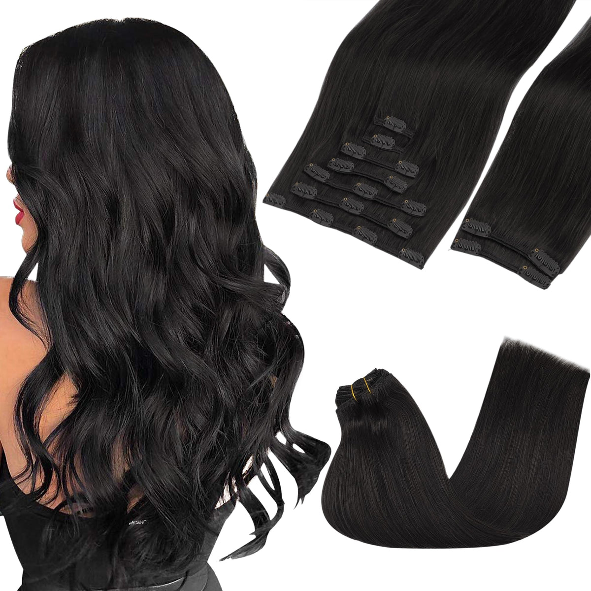 GOO GOO Clip in Hair Extensions 22inch natural black front view