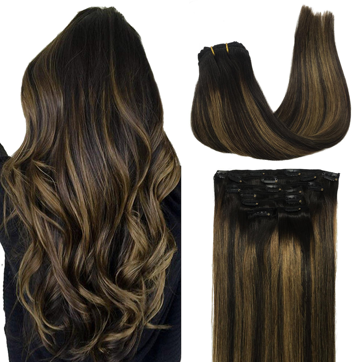GOO GOO Clip in Hair Extensions 22inch natural black to chestnut brown