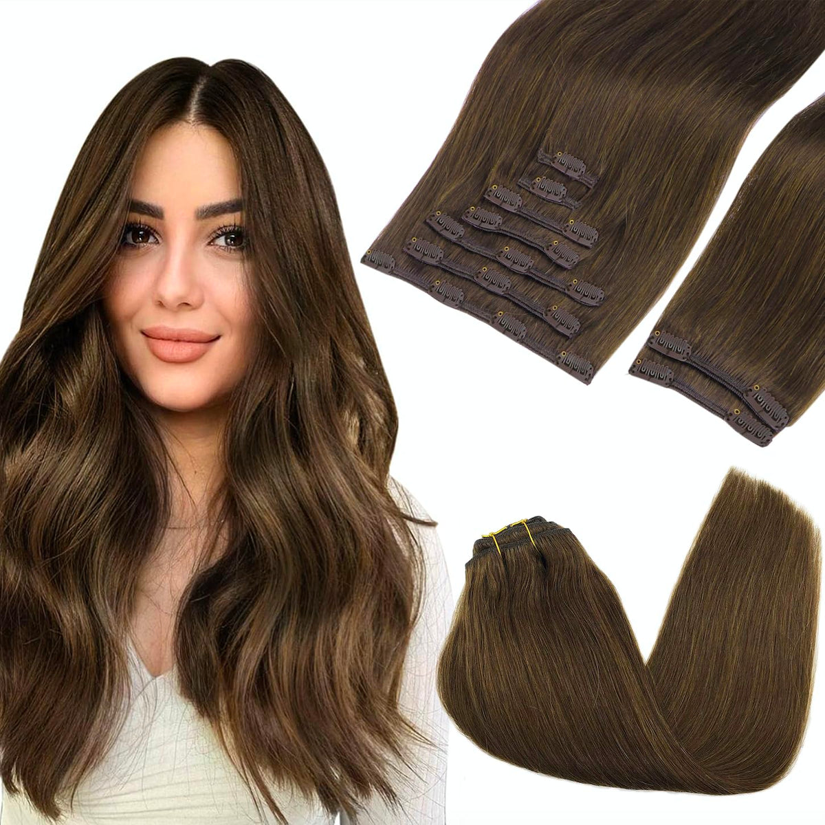 GOO GOO Clip in Hair Extensions 24 Inch Chocolate Brown front view