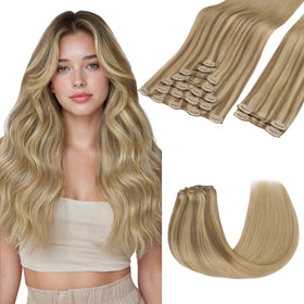 GOO GOO Clip in Hair Extensions 24inch Ash Beige Blonde Blend front view