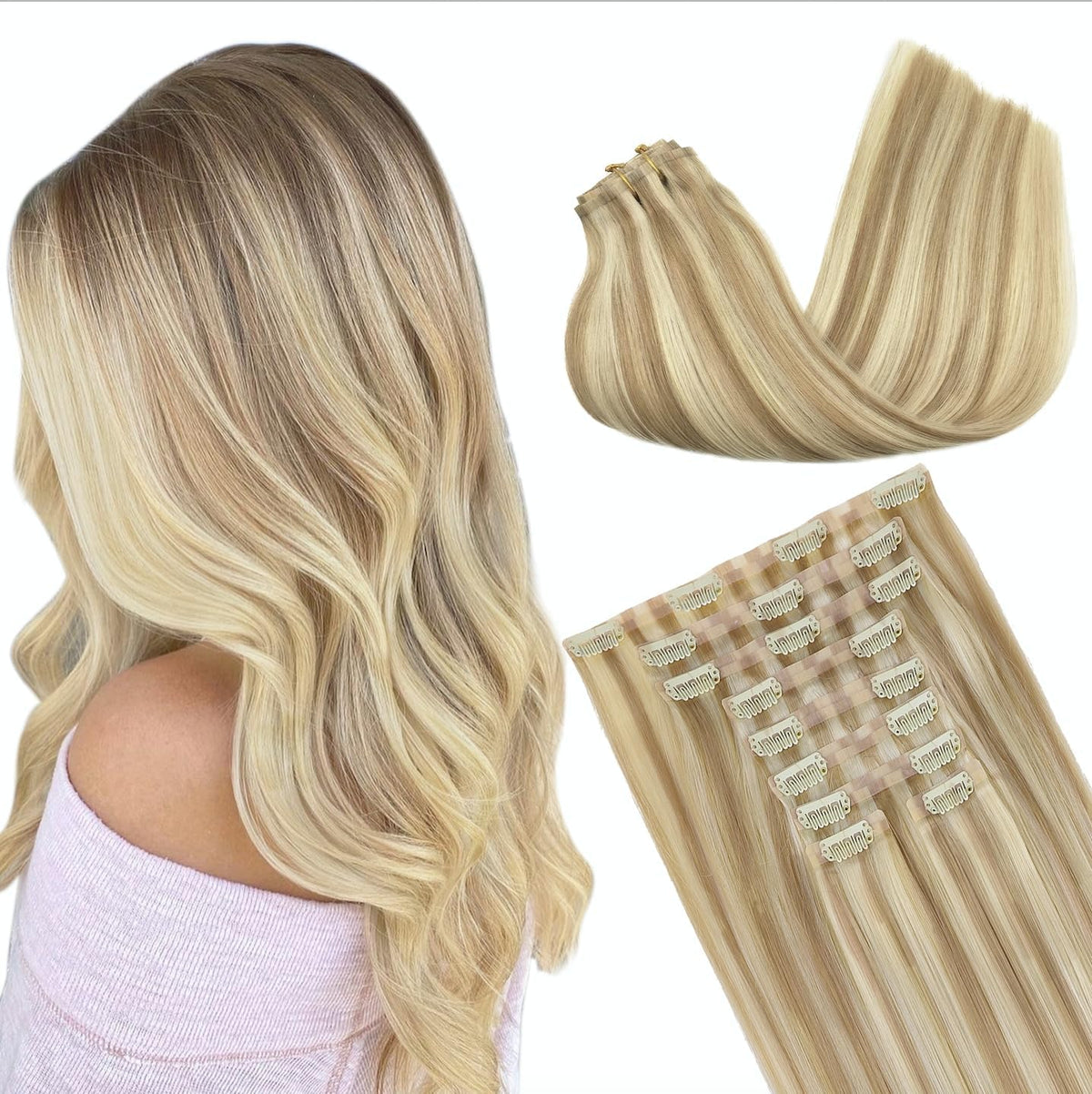 GOO GOO Clip in Hair Extensions 24inch Dark Blonde Highlighted front view