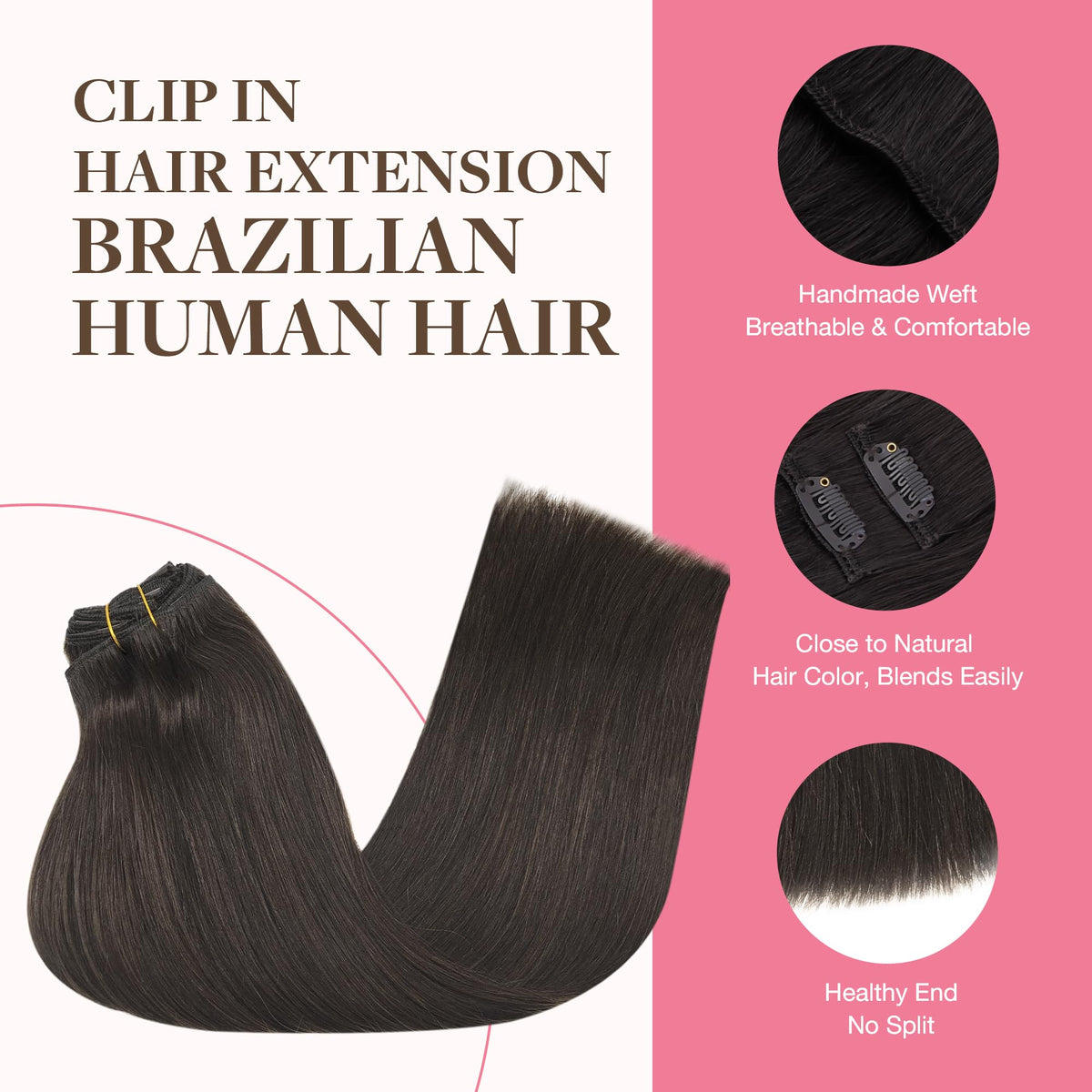 GOO GOO Clip in Hair Extensions 24inch Dark Brown close-up of clips