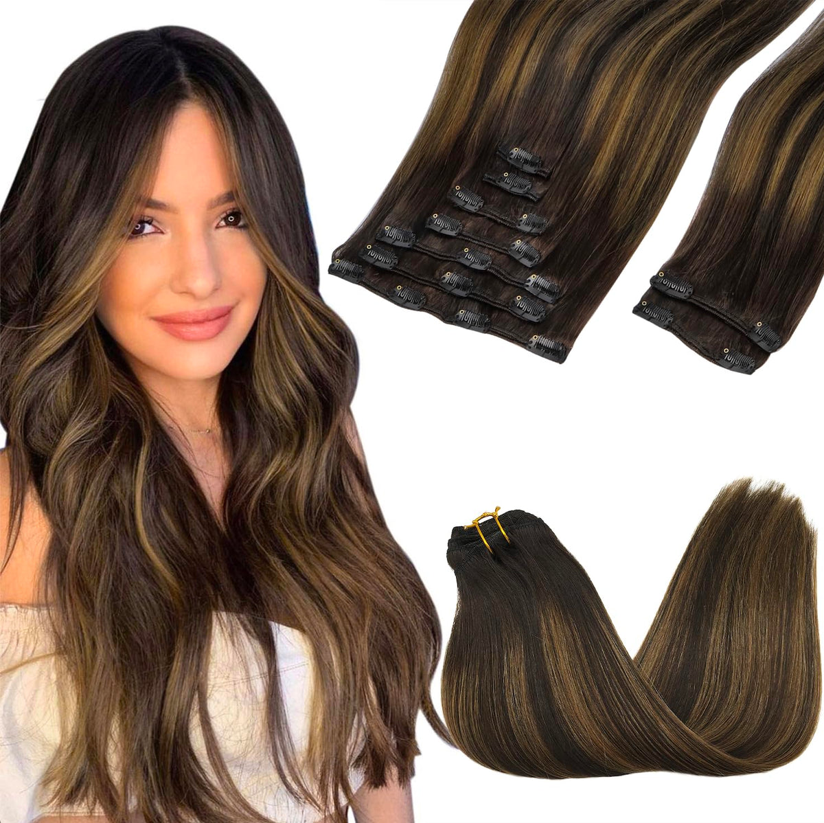 GOO GOO Clip in Hair Extensions 24inch dark brown to chestnut brown front view