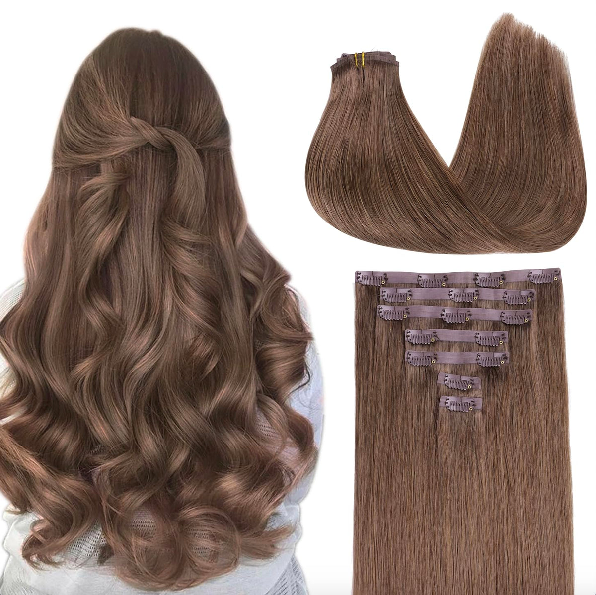 GOO GOO Clip in Hair Extensions 24inch Light Ash Brown front view