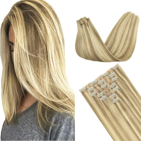 GOO GOO Clip in Hair Extensions 24inch Light Blonde Highlights front view