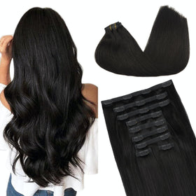 GOO GOO Clip in Hair Extensions 24inch Natural Black front view