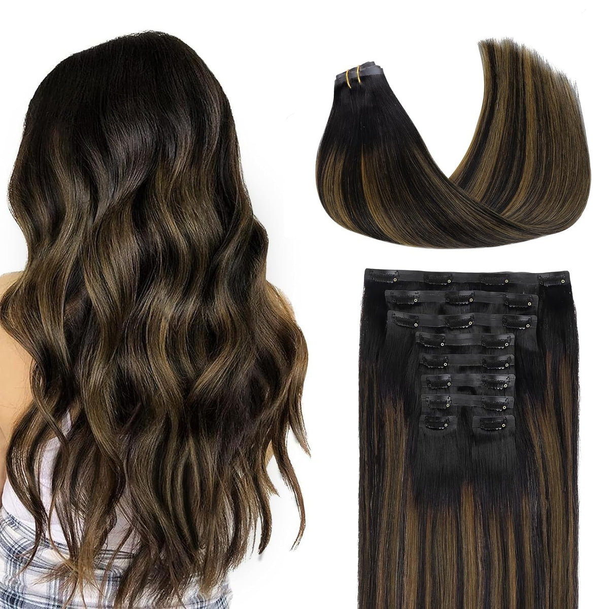 GOO GOO Clip in Hair Extensions 24inch natural black to chestnut brown front view