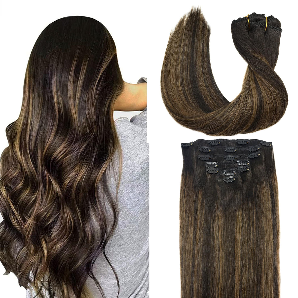 GOO GOO Clip in Hair Extensions 26inch dark brown to chestnut brown front view
